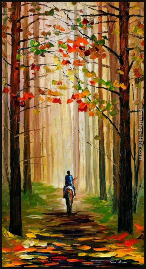 Framed Leonid Afremov autumn stroll on a horse painting