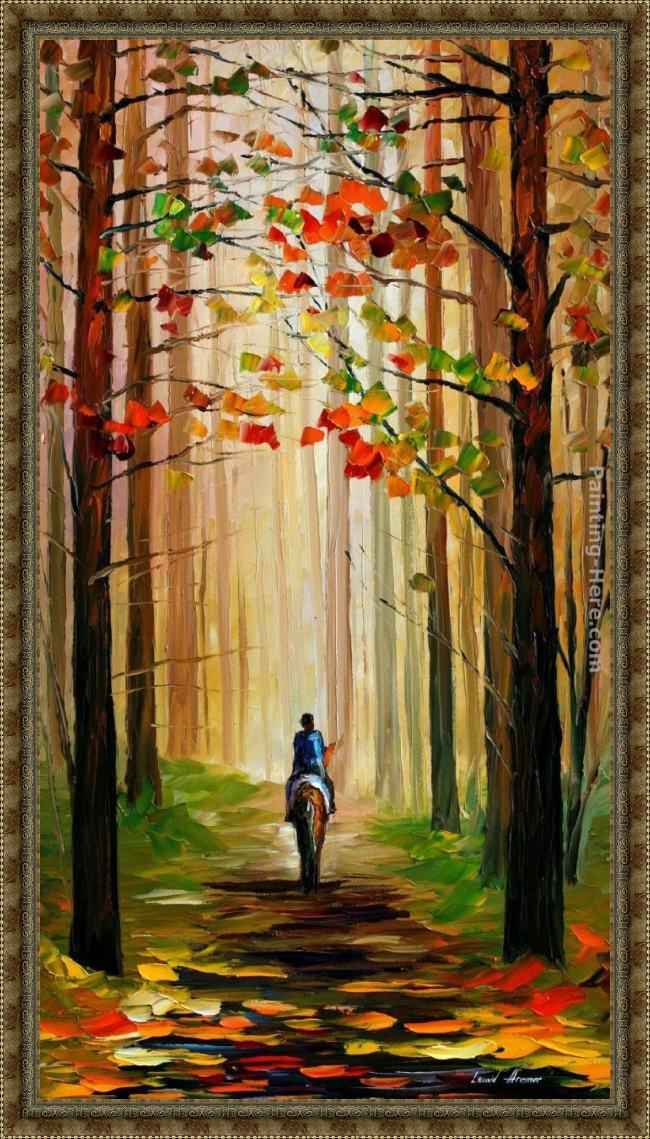 Framed Leonid Afremov autumn stroll on a horse painting