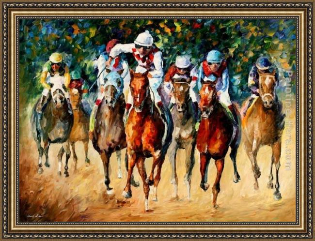 Framed Leonid Afremov horse race painting