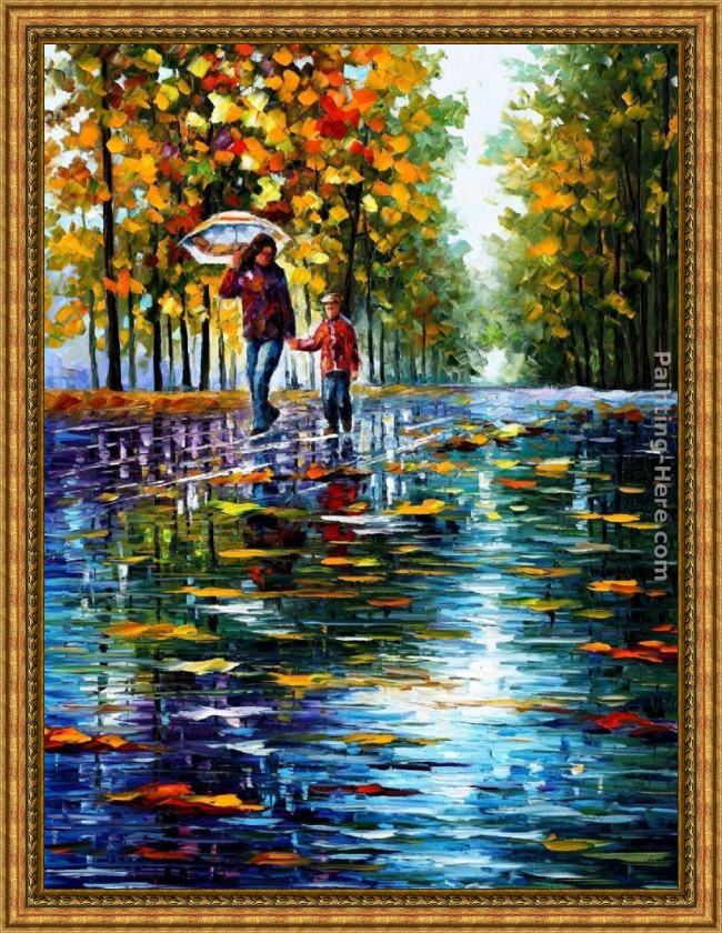 Framed Leonid Afremov stroll in a autumn park painting