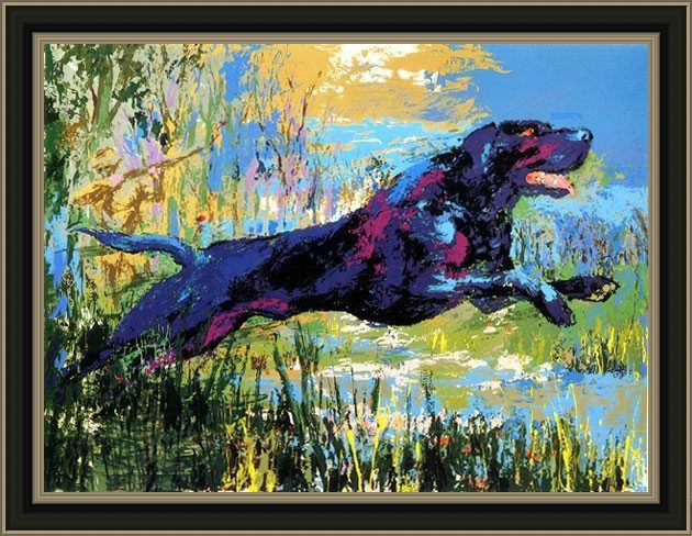 Framed Leroy Neiman black labrador painting
