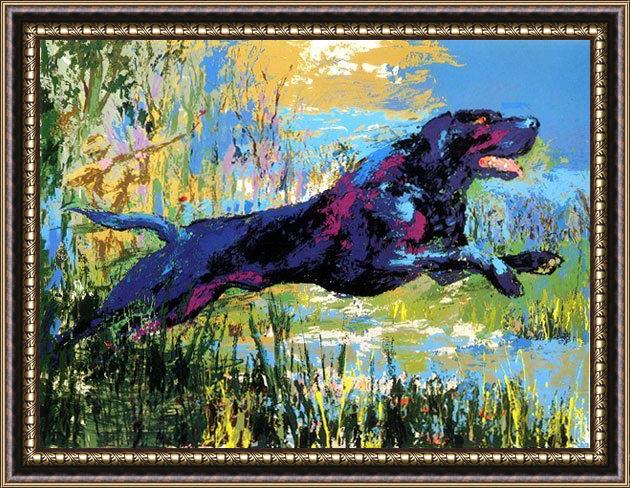 Framed Leroy Neiman black labrador painting