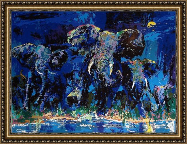 Framed Leroy Neiman elephant nocturne painting