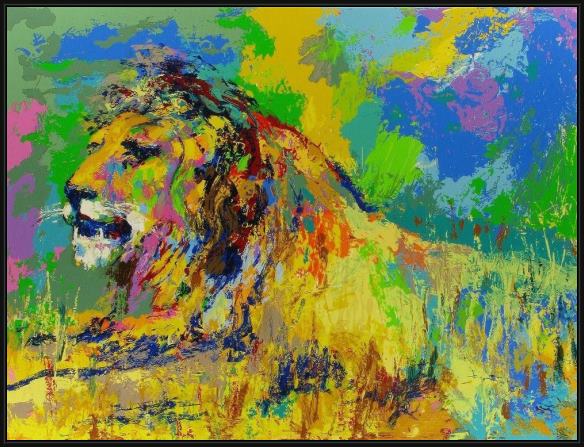 Framed Leroy Neiman resting lion painting