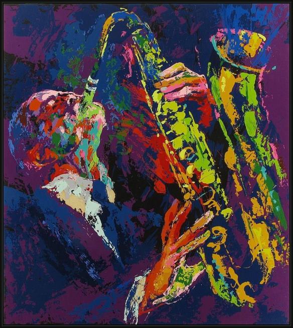 Framed Leroy Neiman sax man painting