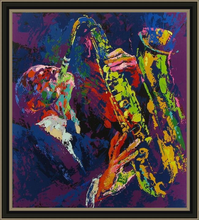 Framed Leroy Neiman sax man painting