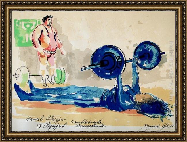 Framed Leroy Neiman woman weightlifter painting