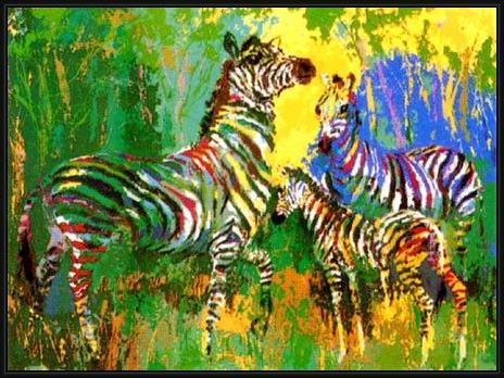 Framed Leroy Neiman zebra family painting