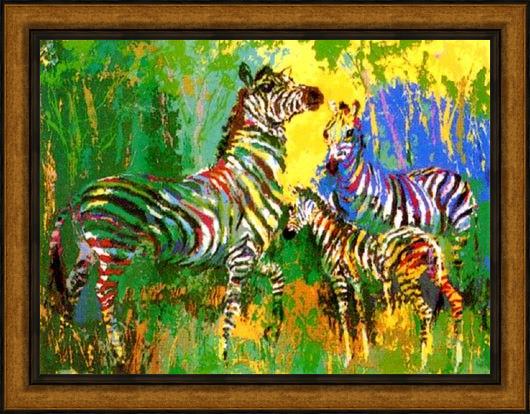 Framed Leroy Neiman zebra family painting