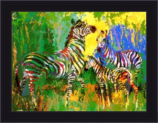 Framed Leroy Neiman zebra family painting