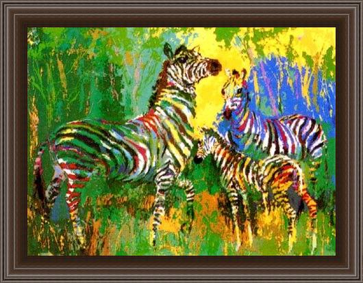 Framed Leroy Neiman zebra family painting