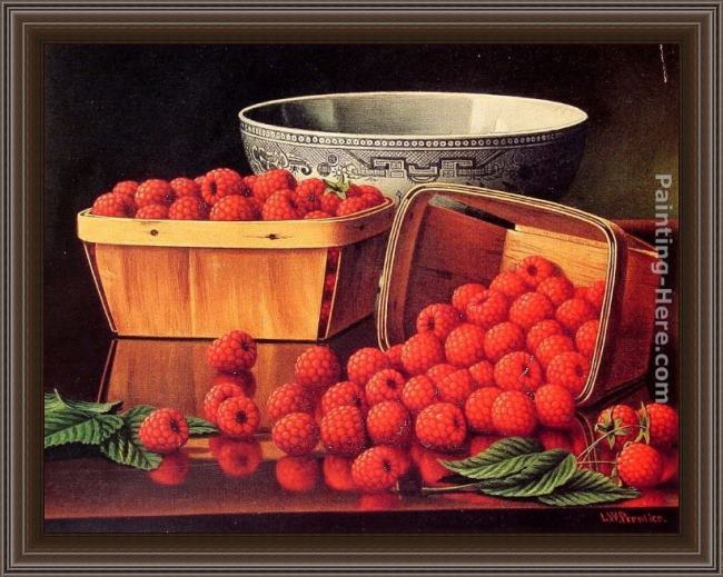 Framed Levi Wells Prentice baskets of raspberries painting