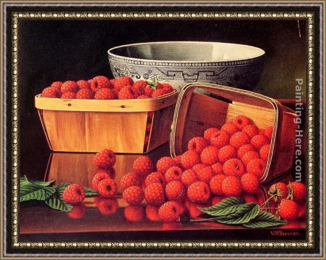 Framed Levi Wells Prentice baskets of raspberries painting