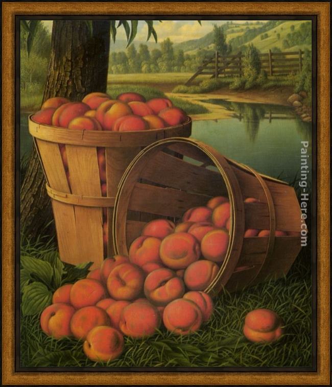 Framed Levi Wells Prentice bushels of peaches under a tree painting