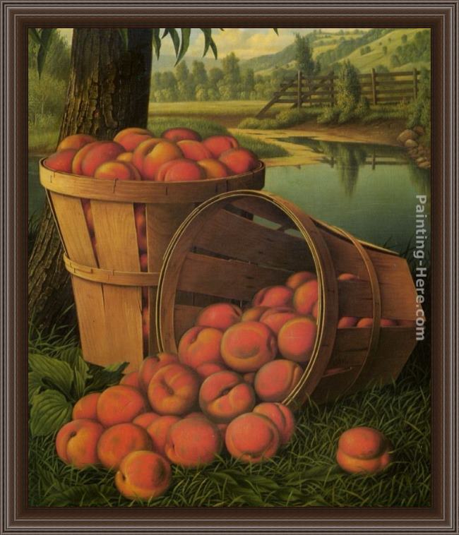 Framed Levi Wells Prentice bushels of peaches under a tree painting