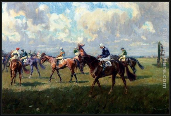 Framed Lionel Edwards lord woolavington's montrose and lord derby's highlander at the start of the free handicap at newmarket, april 6, 1933 painting