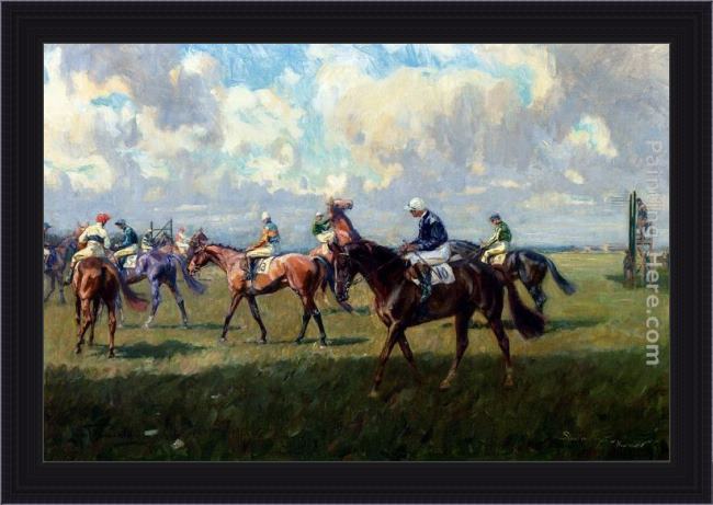 Framed Lionel Edwards lord woolavington's montrose and lord derby's highlander at the start of the free handicap at newmarket, april 6, 1933 painting