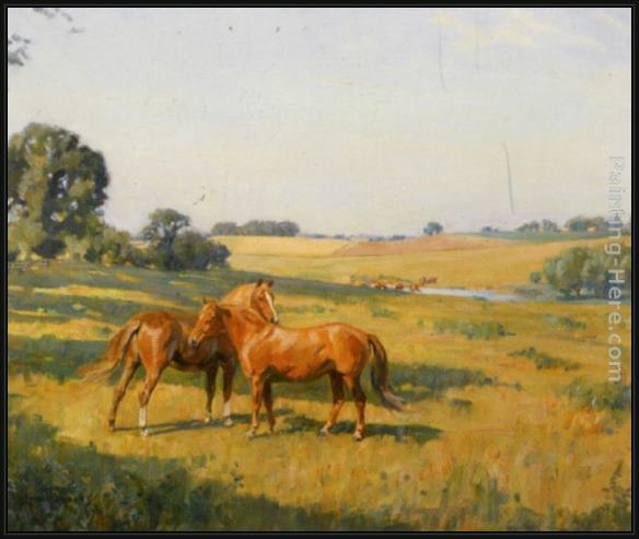 Framed Lionel Edwards mare and foal in a meadow painting