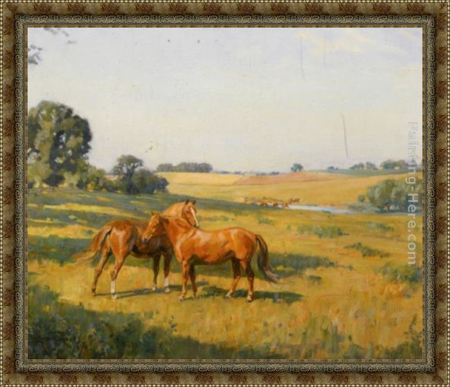 Framed Lionel Edwards mare and foal in a meadow painting