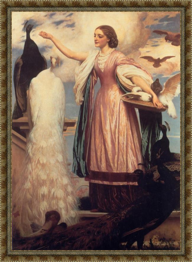 Framed Lord Frederick Leighton a girl feeding peacocks painting