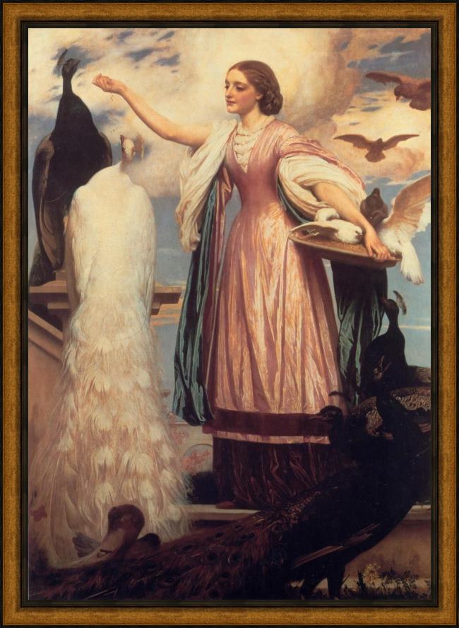 Framed Lord Frederick Leighton a girl feeding peacocks painting