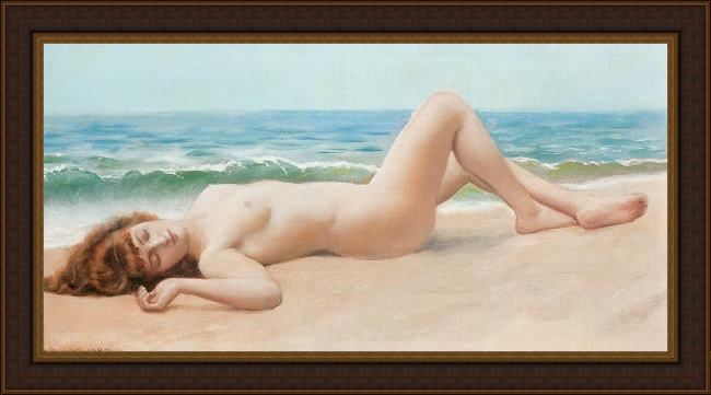 Framed Lord Frederick Leighton nude on the beach painting