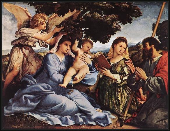 Framed Lorenzo Lotto madonna and child with saints and an angel painting