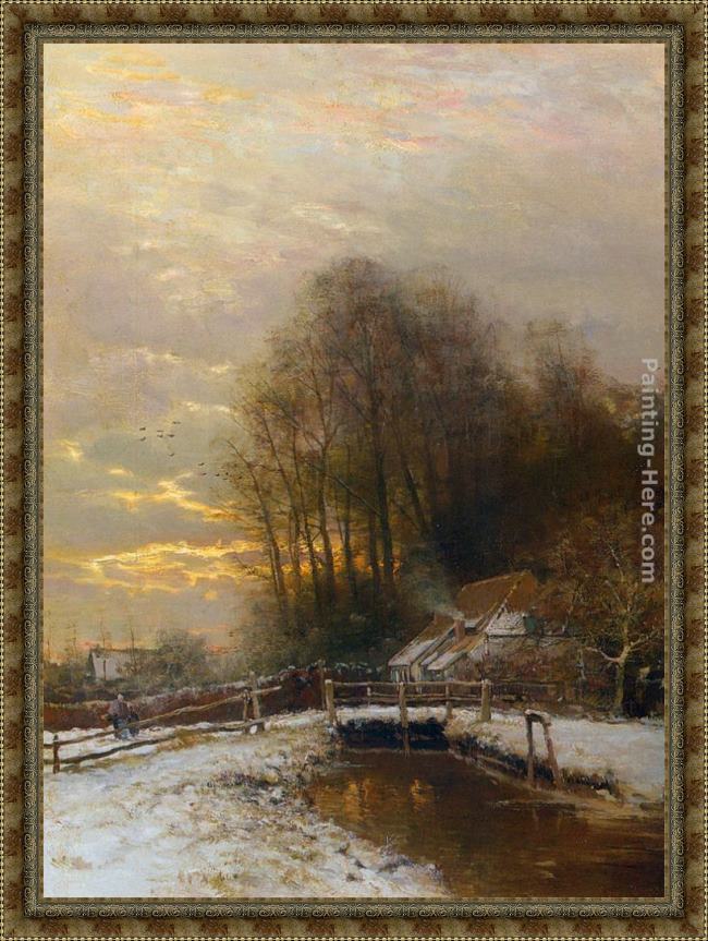 Framed Louis Apol winter landscape with peasant woman and child painting