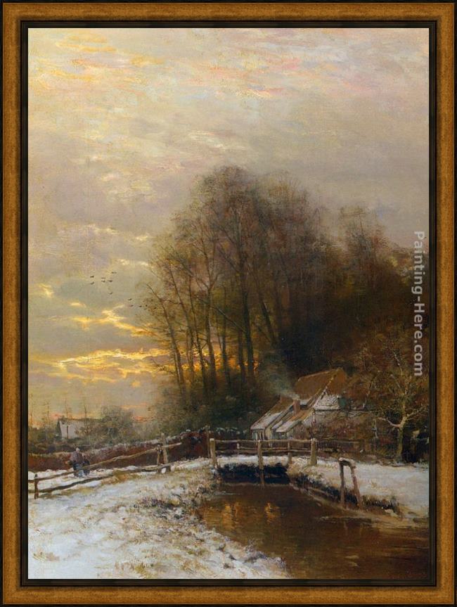 Framed Louis Apol winter landscape with peasant woman and child painting