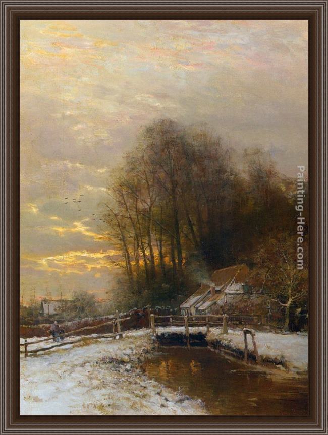 Framed Louis Apol winter landscape with peasant woman and child painting