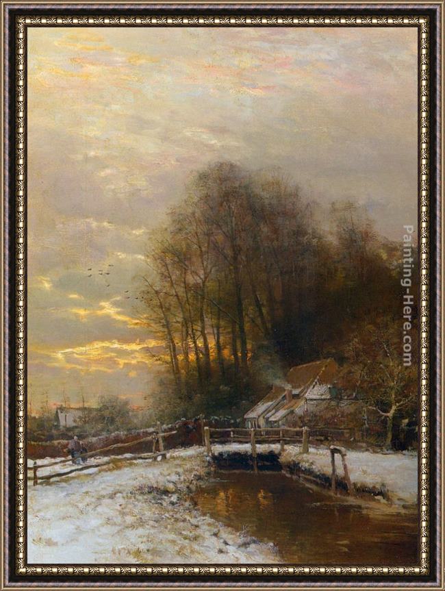Framed Louis Apol winter landscape with peasant woman and child painting