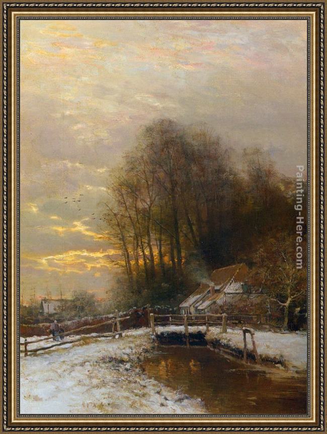Framed Louis Apol winter landscape with peasant woman and child painting
