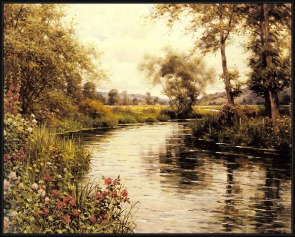 Framed Louis Aston Knight flowers in bloom by a river painting