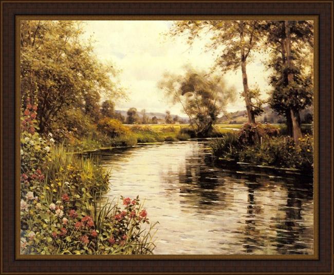 Framed Louis Aston Knight flowers in bloom by a river painting