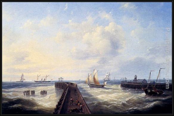 Framed Louis Verboeckhoven fishing boats off a jetty at ostend painting