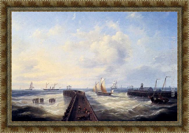 Framed Louis Verboeckhoven fishing boats off a jetty at ostend painting