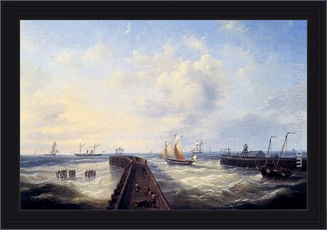 Framed Louis Verboeckhoven fishing boats off a jetty at ostend painting