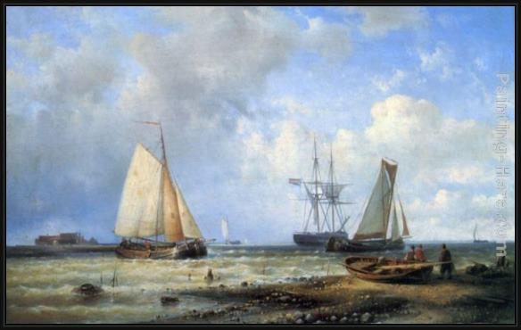 Framed Louis Verboeckhoven fishing vessels by the shore painting