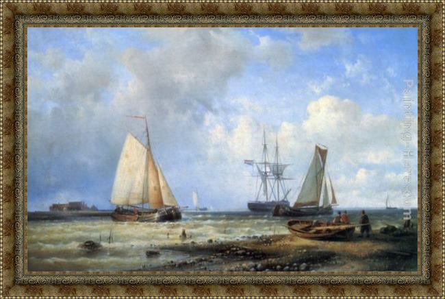 Framed Louis Verboeckhoven fishing vessels by the shore painting