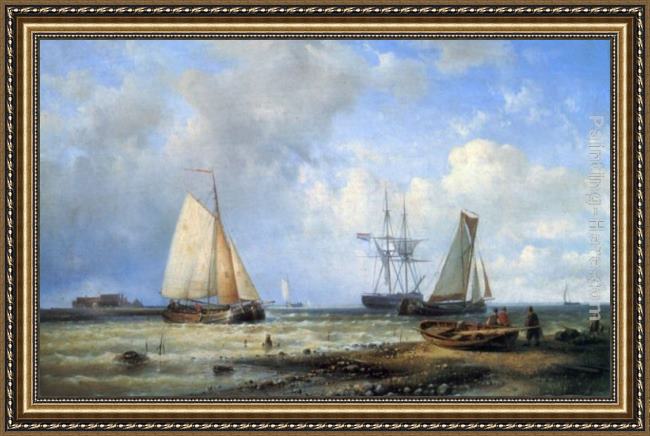 Framed Louis Verboeckhoven fishing vessels by the shore painting