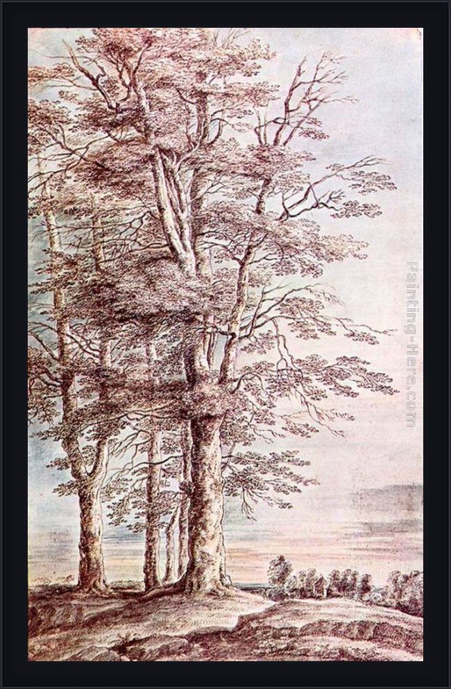 Framed Lucas Van Uden landscape with tall trees painting