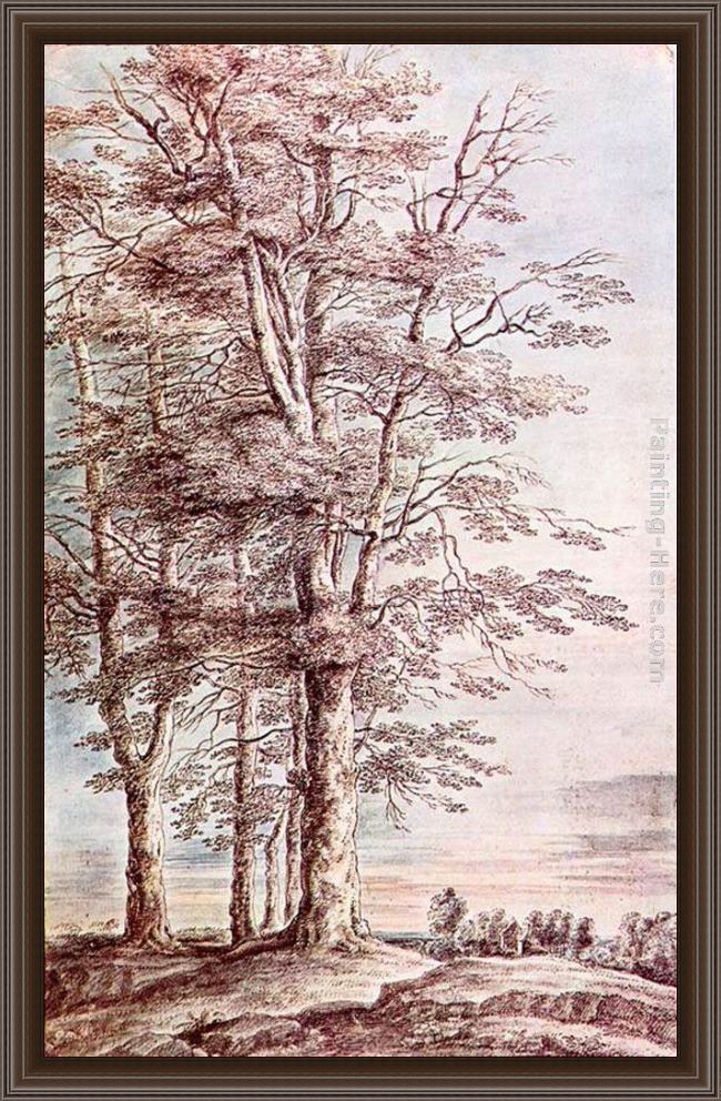 Framed Lucas Van Uden landscape with tall trees painting