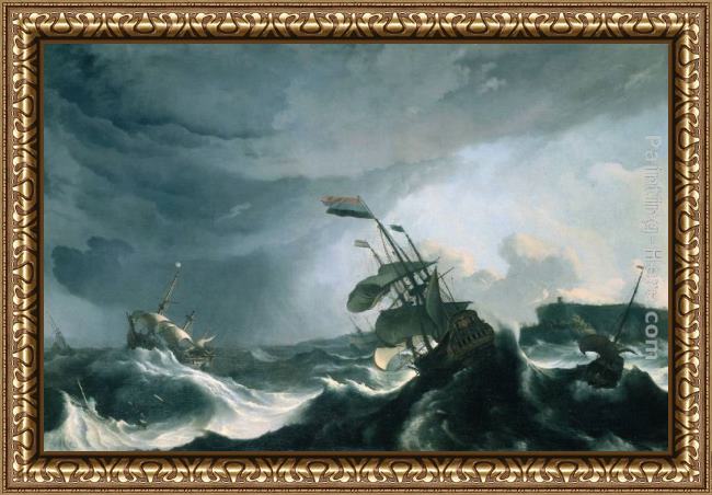 Framed Ludolf Backhuysen ships in distress in a heavy storm painting