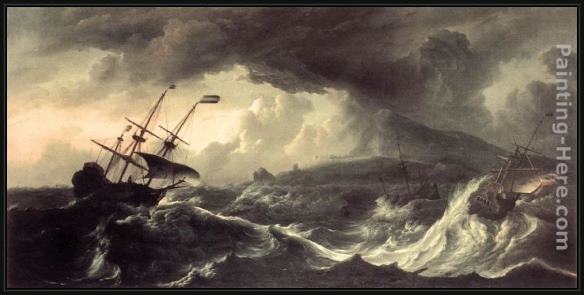 Framed Ludolf Backhuysen ships running aground in a storm painting