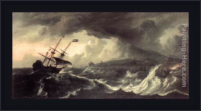 Framed Ludolf Backhuysen ships running aground in a storm painting