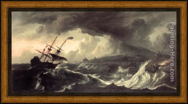 Framed Ludolf Backhuysen ships running aground in a storm painting