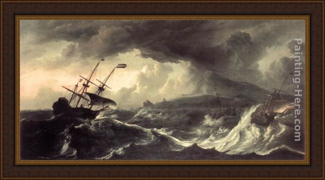 Framed Ludolf Backhuysen ships running aground in a storm painting