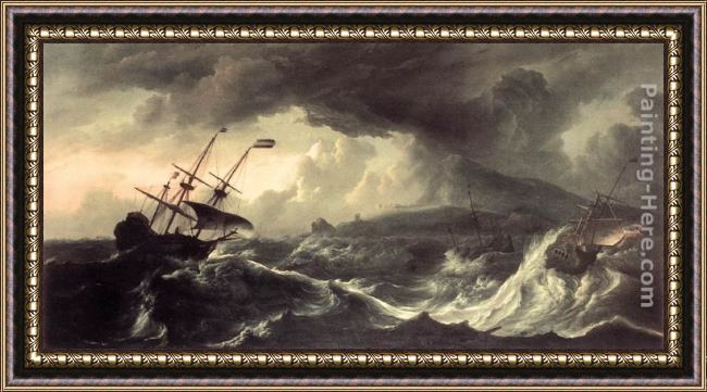 Framed Ludolf Backhuysen ships running aground in a storm painting