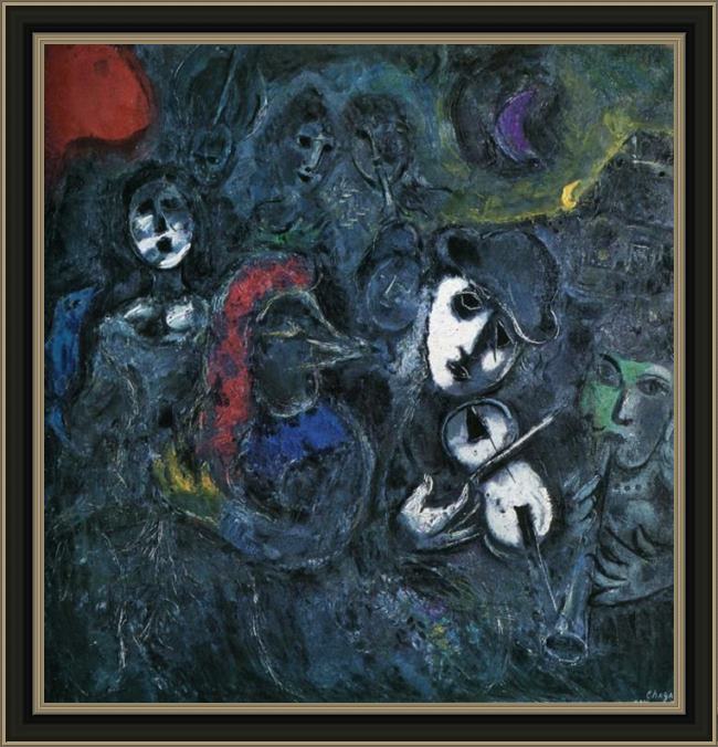 Framed Marc Chagall clowns at night painting