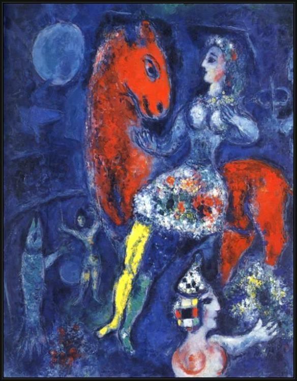 Framed Marc Chagall horsewoman on red horse painting